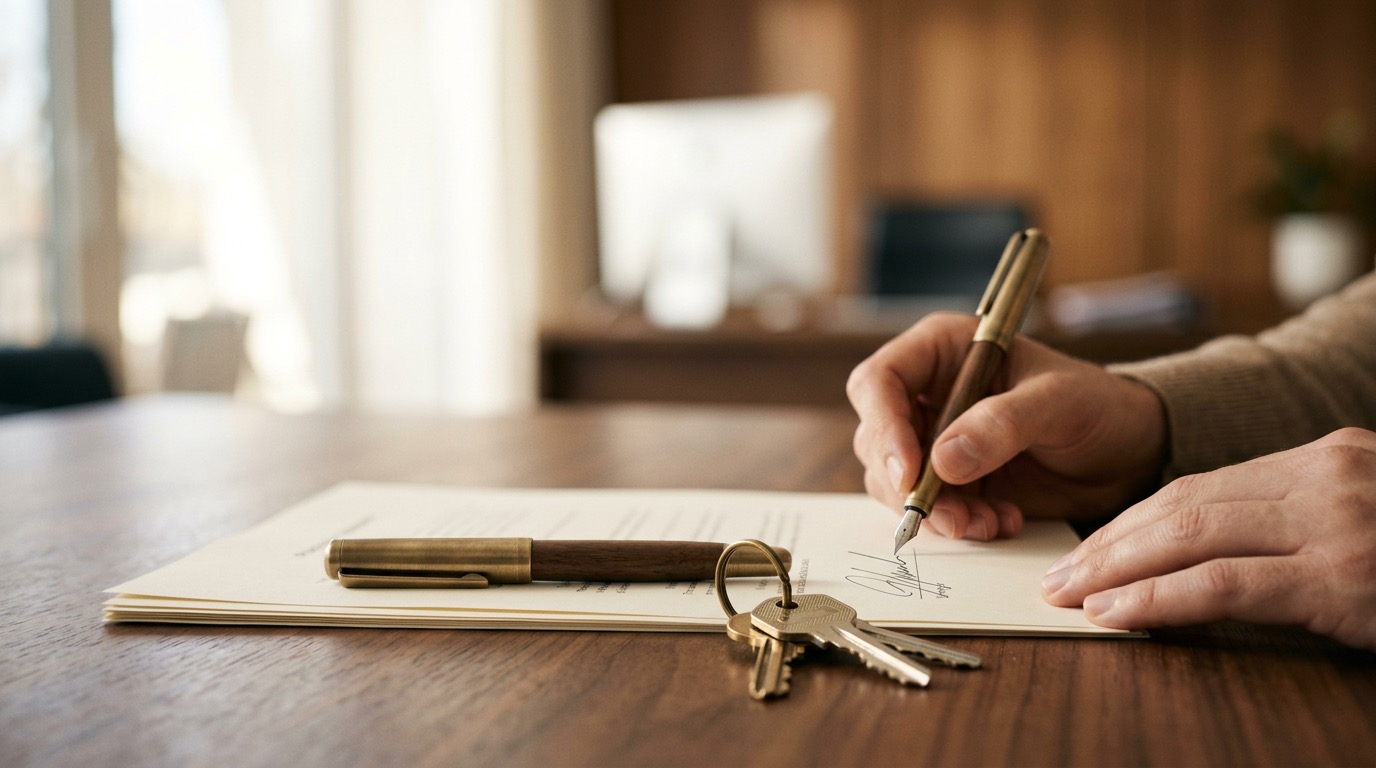 Signing closing documents beside a set of house keys