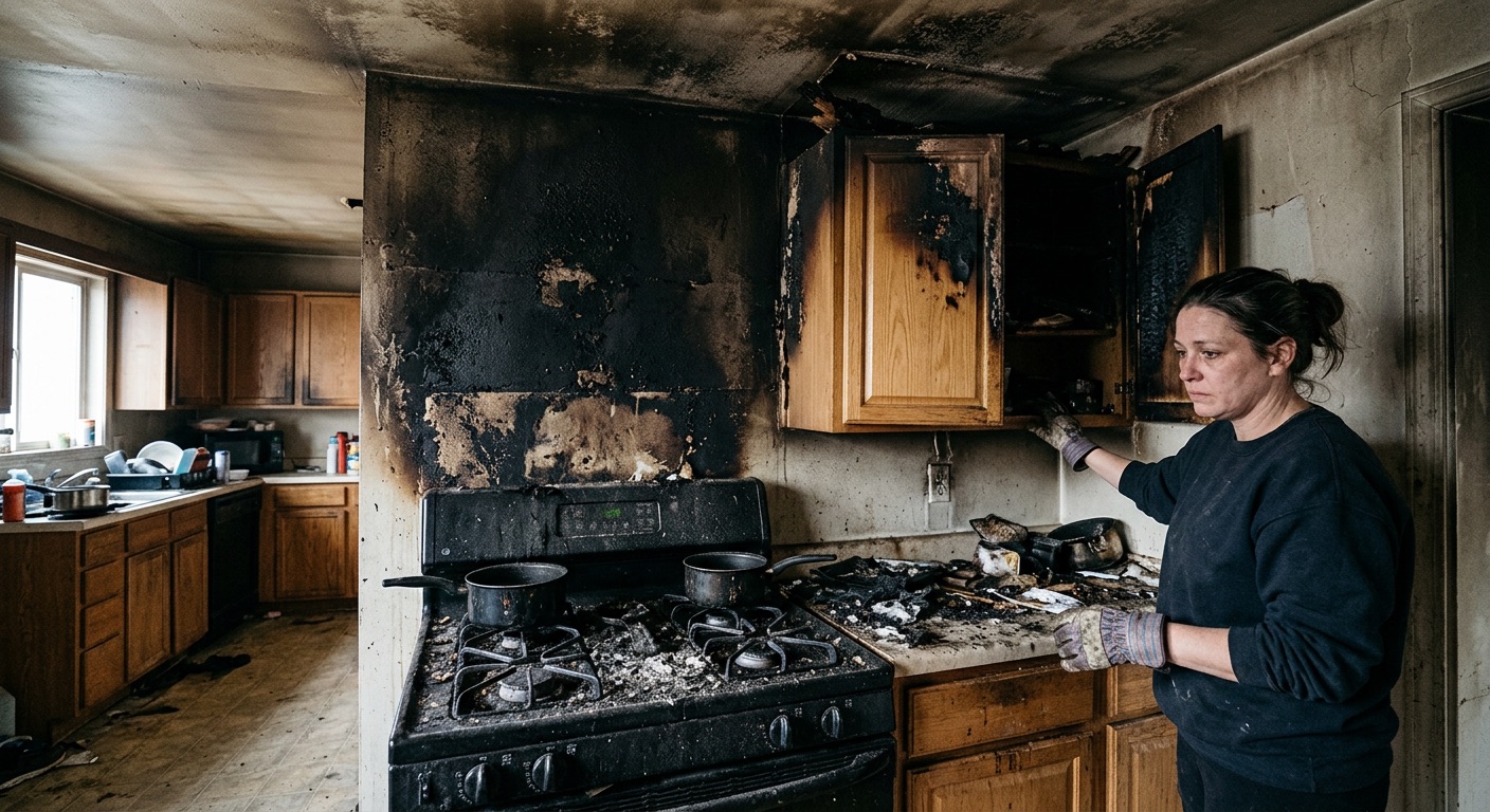 A kitchen after a fire